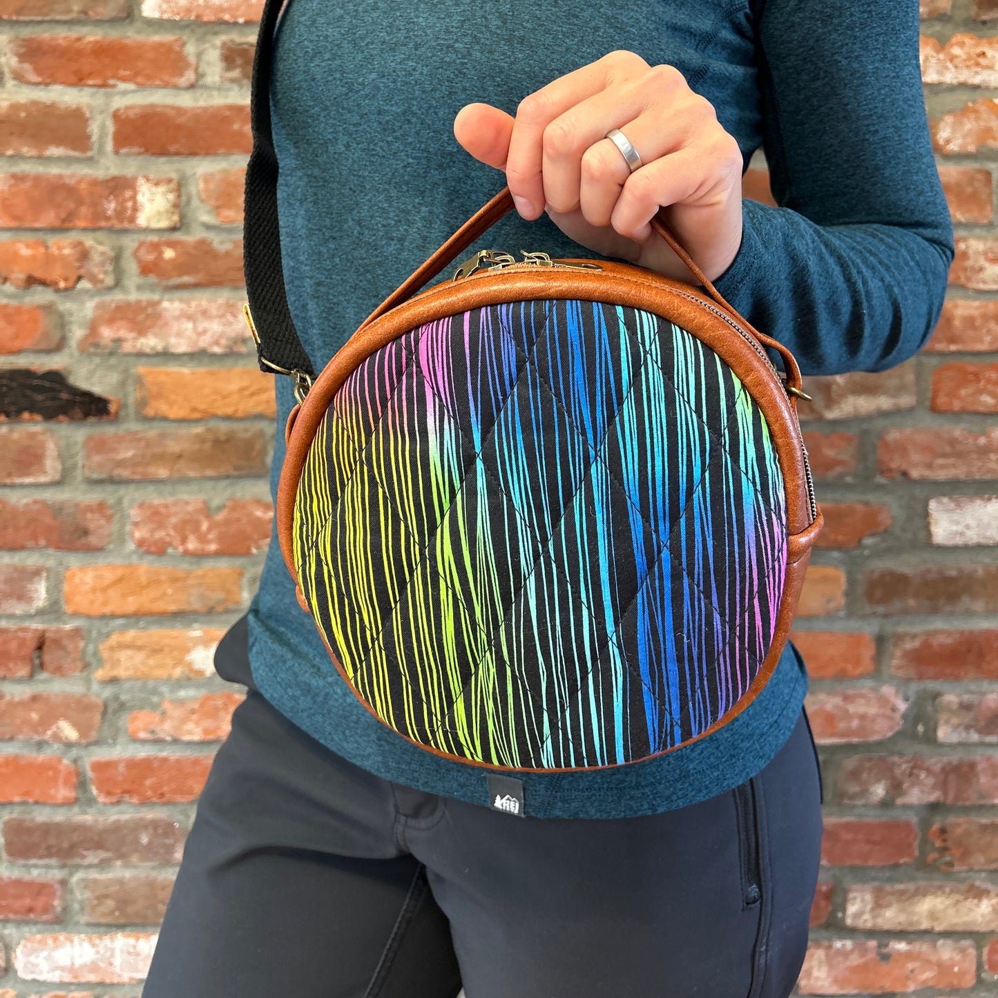 Sun Sewn Round Brown Rainbow Stripes Crossbody Bag