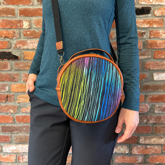 Sun Sewn Round Brown Rainbow Stripes Crossbody Bag