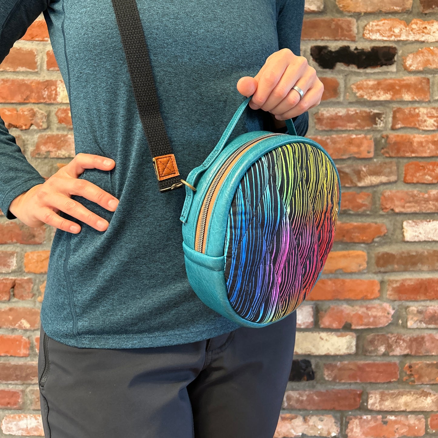 Sun Sewn Round Blue Rainbow Stripes Crossbody Bag