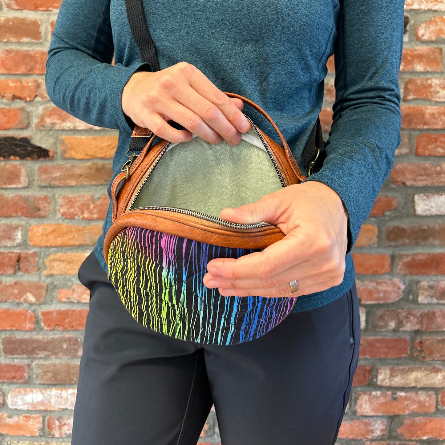 Sun Sewn Round Brown Rainbow Stripes Crossbody Bag