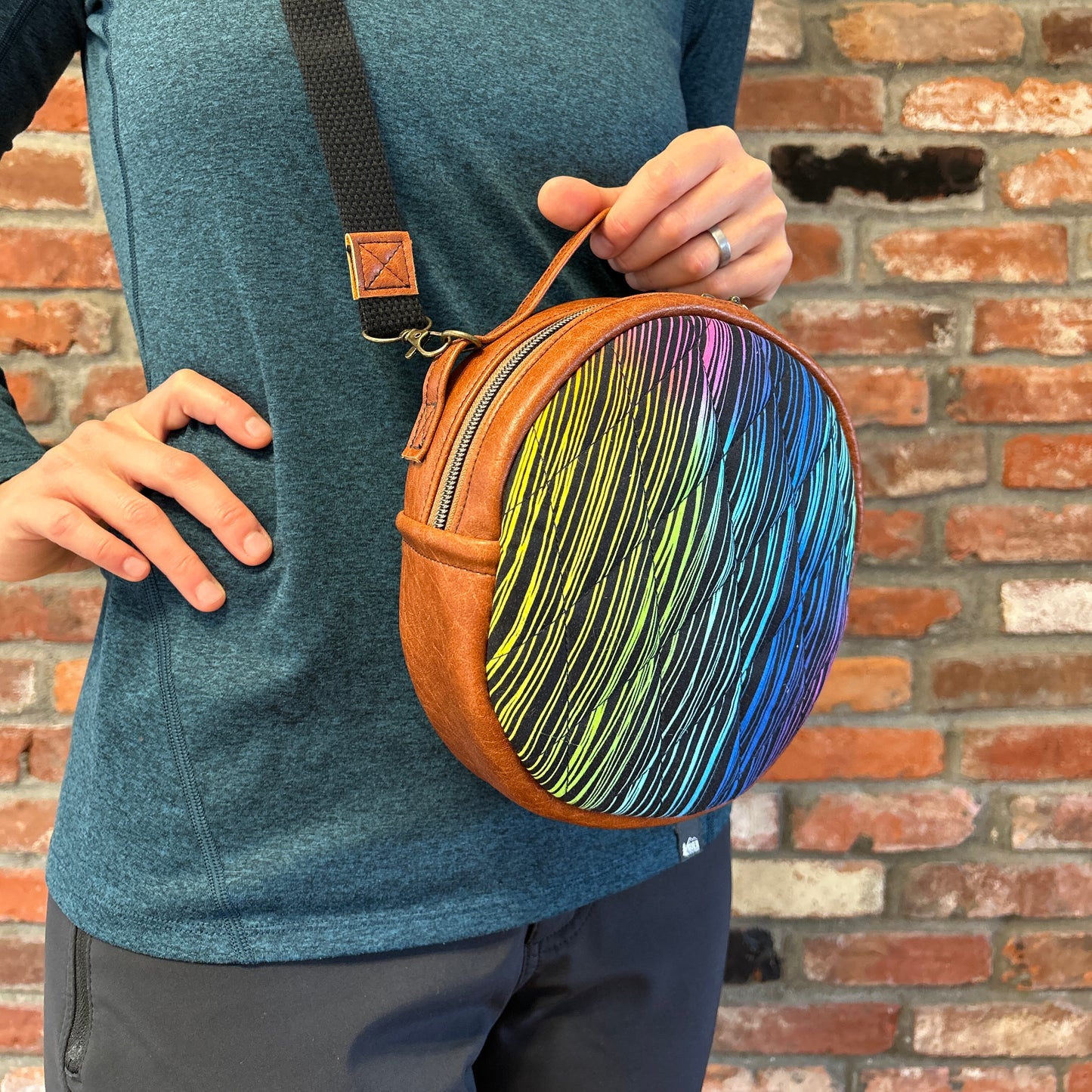 Sun Sewn Round Brown Rainbow Stripes Crossbody Bag