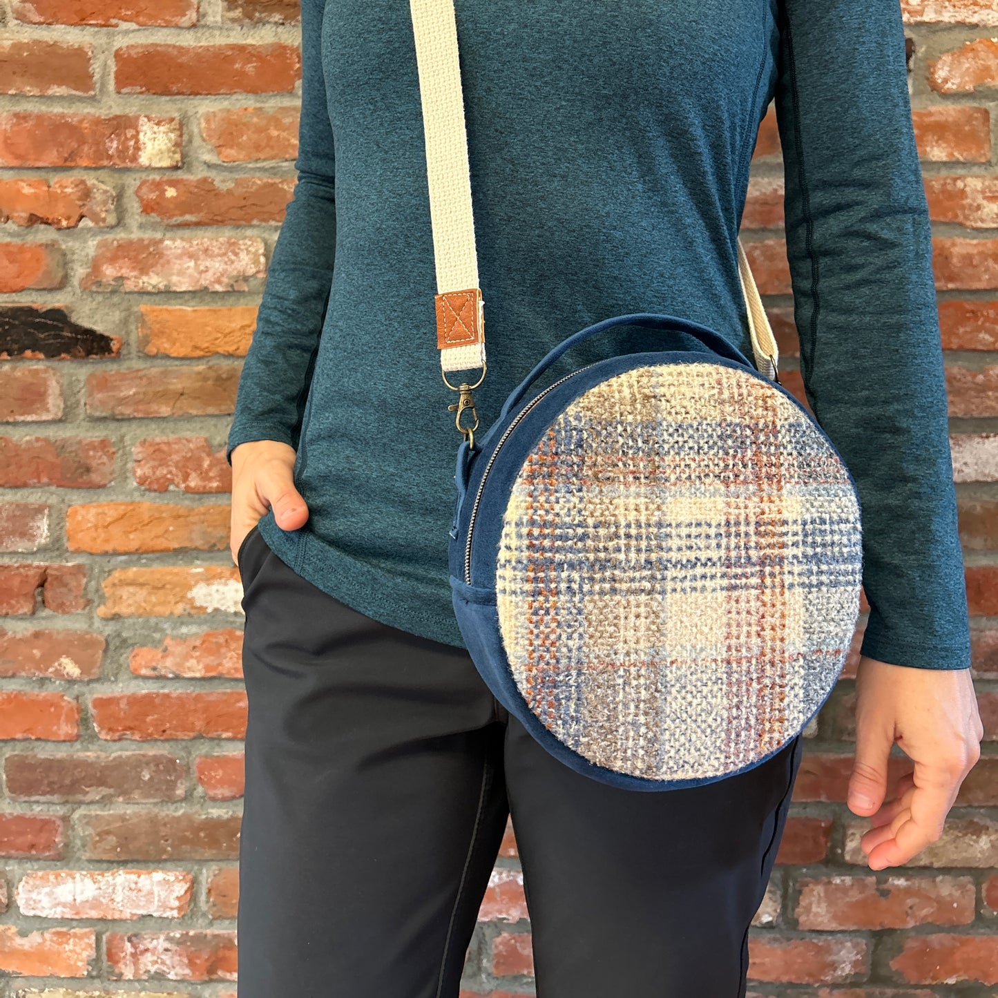 Sun Sewn Round Plaid Crossbody Bag