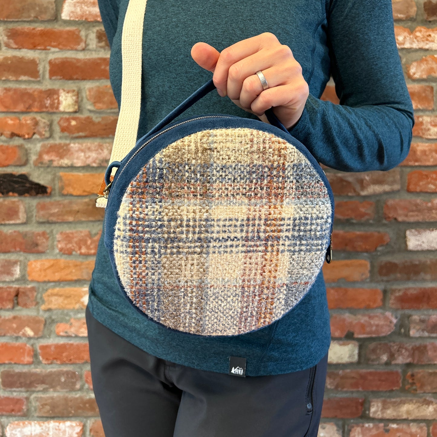 Sun Sewn Round Plaid Crossbody Bag