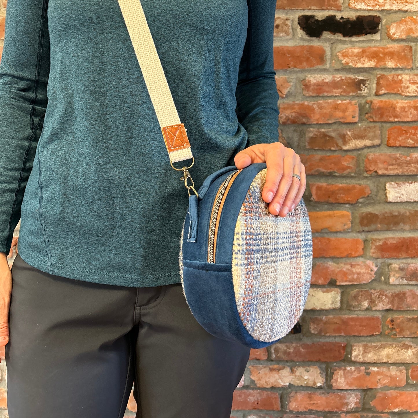 Sun Sewn Round Plaid Crossbody Bag