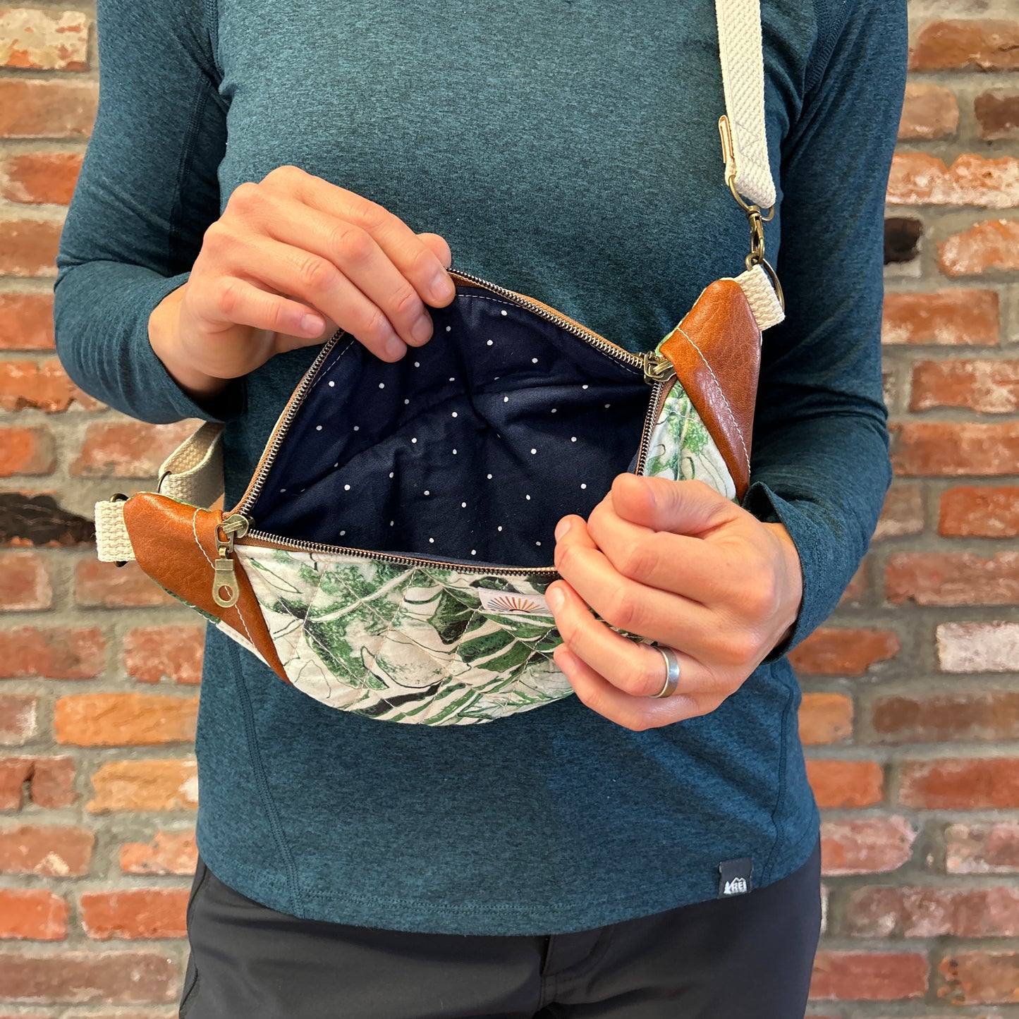 Sun Sewn Tropical Plant Sling Bag with Dark Lining