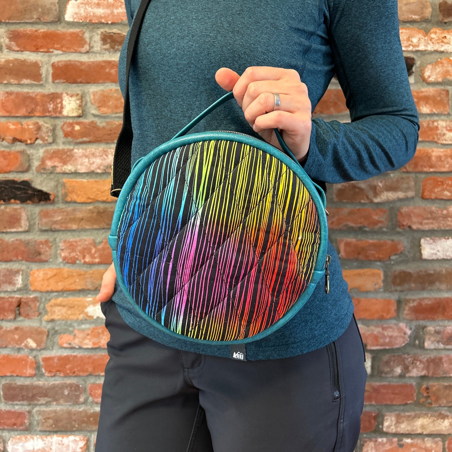 Sun Sewn Round Blue Rainbow Stripes Crossbody Bag