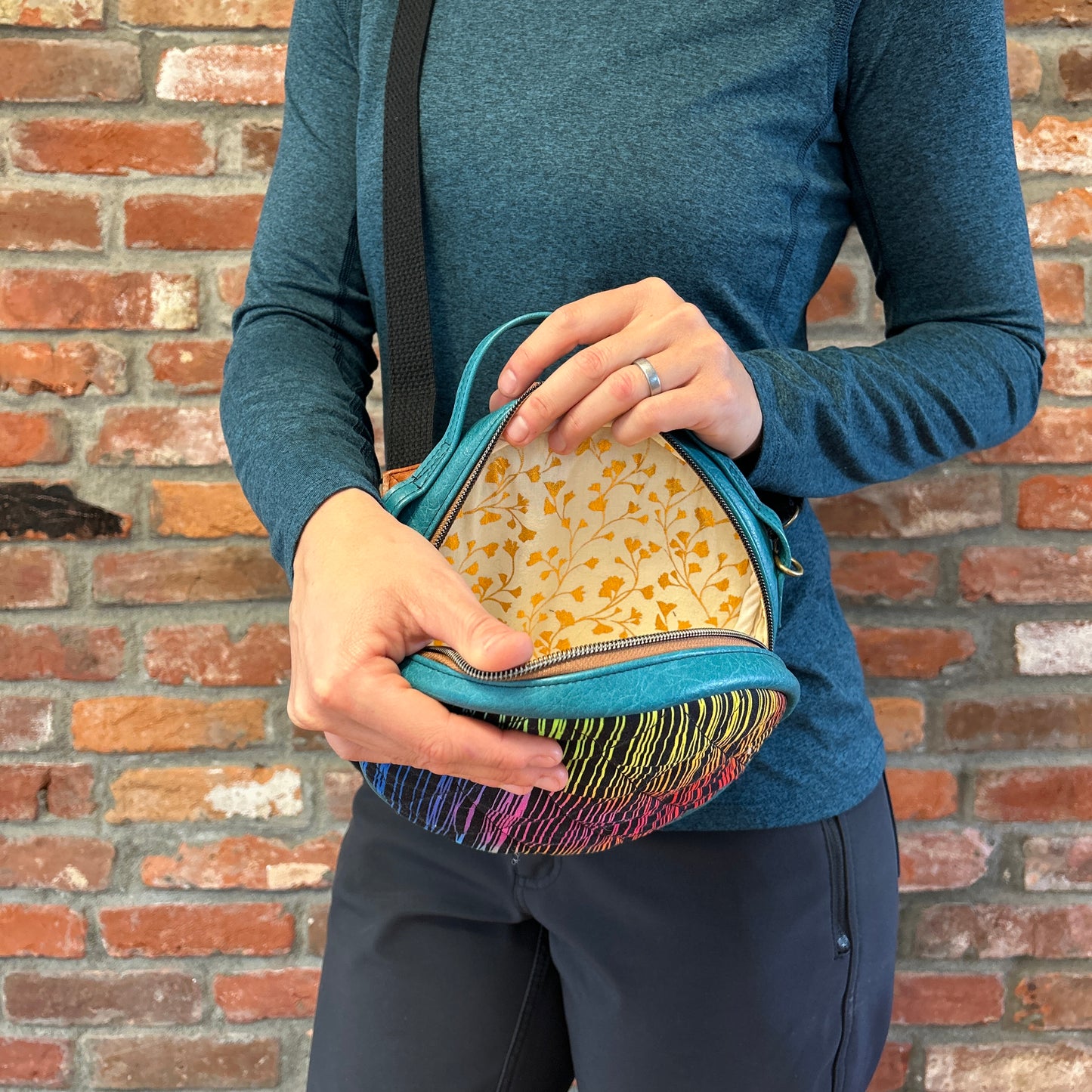 Sun Sewn Round Blue Rainbow Stripes Crossbody Bag