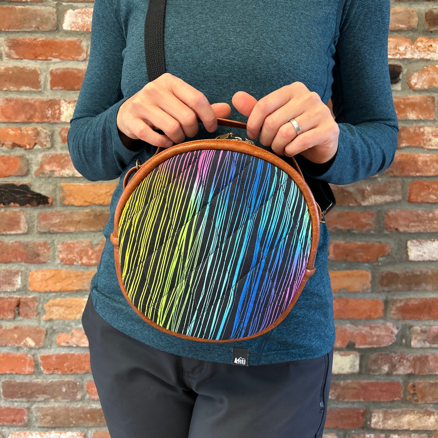 Sun Sewn Round Brown Rainbow Stripes Crossbody Bag